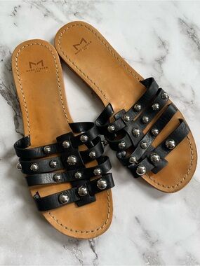 Marc Fisher Black Leather Studded Slide Sandals